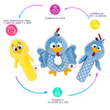 Sonaja y mordedera sensorial de peluche de la gallina pintadita